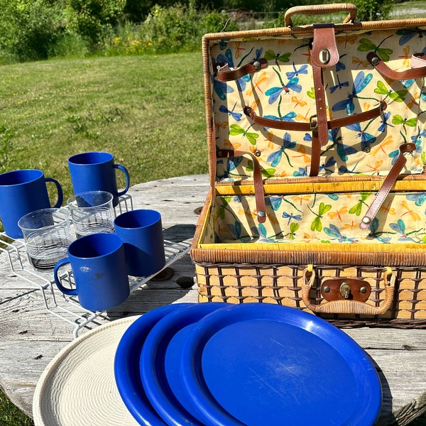 Vintage Wicker Picnic Basket With Dragonfly Lining Cups Plates Leather Straps