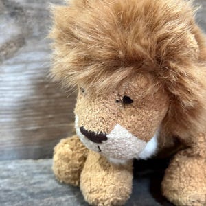 May include: A soft toy lion, featuring a tan body and a light brown, fluffy mane. The lion has a tan face, a white muzzle, and a dark brown nose. The toy is made from soft fabric and has a gentle expression.