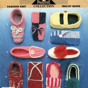 May include: A collection of 10 crochet slipper patterns. The patterns include a variety of colours and styles, including pink, blue, red, green, and yellow. The patterns are numbered 1 through 10. The text on the page reads "Phentex 3 Ply, Fashion Knit, Phentex Collection, Tricot Mode, A-1 No. 83553, 1.19$", and "Make the best for less / L'art de faire pour moins cher".