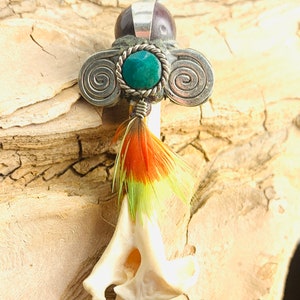 Peruvian silver pendant with fish barb bone, feather and Chrysocolla stone