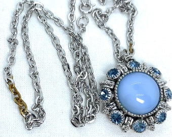 Vintage Blue "Moon Magic" Cabochon and Blue Rhinestone Avon necklace 24"