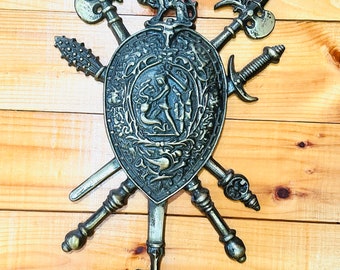 Vintage Medieval Crossed Swords Shield Coat of Arms Wall Hanging