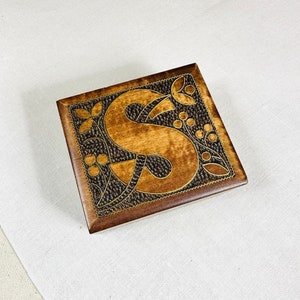 Vintage Wood Burned Wood Trinket Jewelry Box with Monogram 'S' and Brass Inlay from Poland