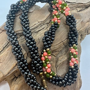 Vintage Black Pink Green Twisted Strand Beaded Necklace and Bracelet