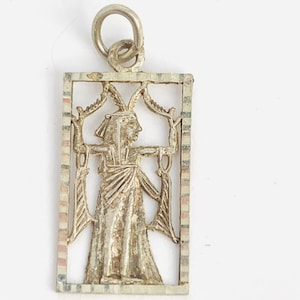 Vintage sterling silver Egyptian goddess holding reeds pendant