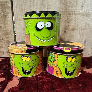3 Vintage Halloween Tin Kaarsen Heksen en het monster van Frankenstein