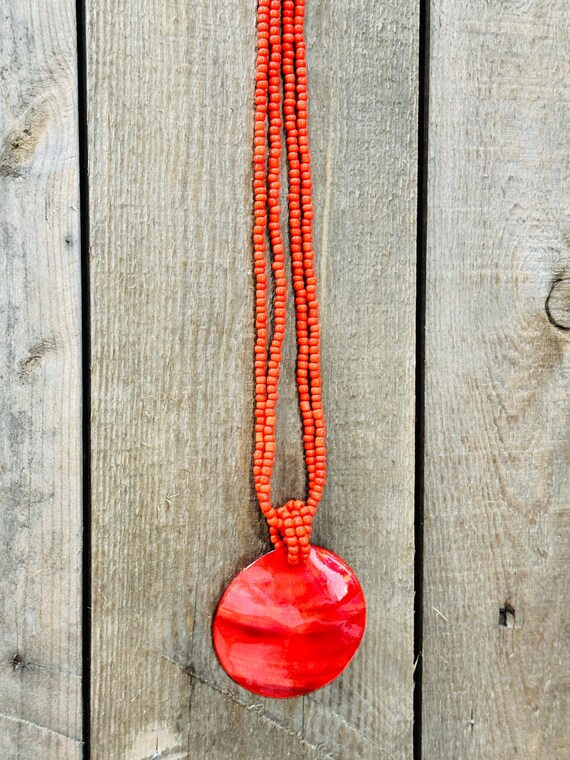 Vintage Statement Red Shell Disc Double Strand Ne… - image 1
