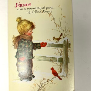 Vintage 60s John Bradford Christmas Card Boy Feeding Birds