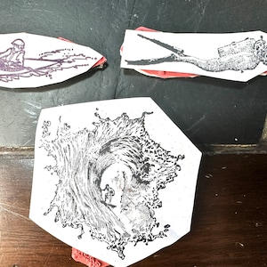 3 Water Sport Rubber Stamps Unmounted Surfing Diving Kayaking