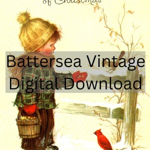 Cartolina di Natale vintage carina degli anni '60 File stampabile digitale Ragazzino che nutre gli uccelli su un recinto di John Bradford