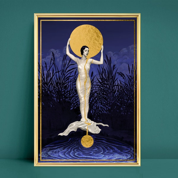 Limited Edition Giclée art print / Gold Leafed Gilded art print/ The Moon Magic Goddess/ Art Deco style signed print