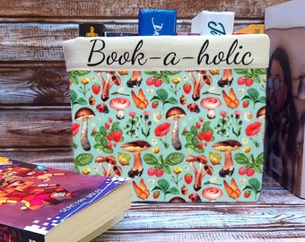 Personalised Book storage, book organiser, padded fabric book tidy. Whimsical forest mushroom pattern.