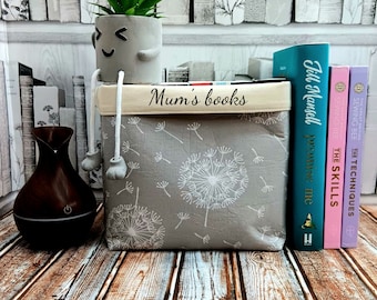 Personalised padded Book storage, book organiser, Dandelions on grey pattern. Book nook décor. Book worm gift for mothers day.