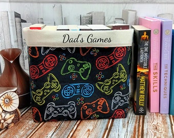 Personalised Book storage, book organiser, padded fabric book tidy. Rainbow controller pattern. Book nook décor for kids room.