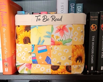 Personalised Book storage, padded scrappy patchwork book organiser, yellowish design, bookish gift.