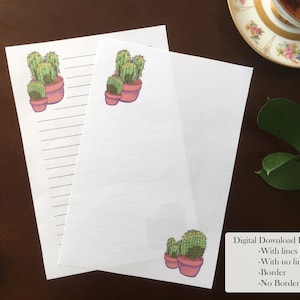 A5 papel digital de cactus imprimible, descarga instantánea hojas fijas para escritura de cartas, en blanco y forrado, borde y sin bordes