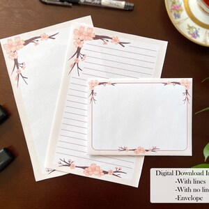 Printable Pink Cherry Blossom Digital Letter Set 1, Instant Download Stationary Sheets for Letter Writing, Blank and Lined with envelope