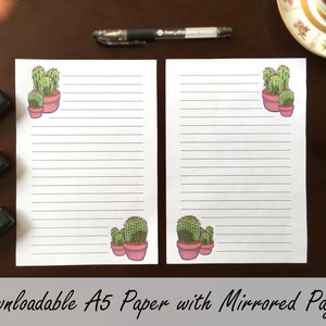 A5 imprimible lindo cactus planta papel, descarga instantánea hojas estacionarias para escritura de letras, en blanco y forrado, borde y sin bordes