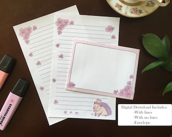 Pink Printable Hedgehog Stationary Set, Instant Download Stationary Sheets for Letter Writing, Blank and Lined with envelope