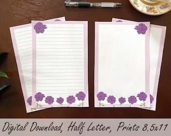 U.S. Half Letter Size Printable Purple Windflower Digital Paper Set, Instant Download Stationary Sheets for Letter Writing, Blank and Lined