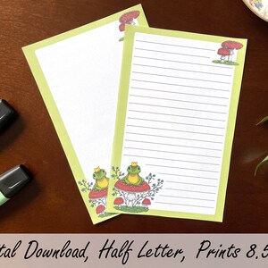 U.S. Half Letter Size Printable Frog Prince Digital Paper Set, Instant Download Hojas estacionarias para escribir cartas, en blanco y forradas