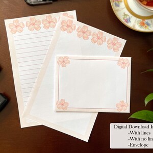 Printable Pink Cherry Blossom Digital Letter Set 3, Instant Download Stationary Sheets for Letter Writing, Blank and Lined with envelope