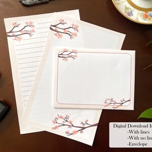 Printable Pink Cherry Blossom Digital Letter Set 2, Instant Download Stationary Sheets for Letter Writing, Blank and Lined with envelope