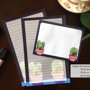 Set de cartas digitales de cactus nocturnos, hojas estacionarias de descarga instantánea para escribir cartas, en blanco y forradas con sobre