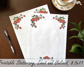 Carta digitale alla fragola stampabile, fogli stazionari a download istantaneo per la scrittura di lettere, vuoti e foderati, formato lettera USA, stampe 8,5 x 11