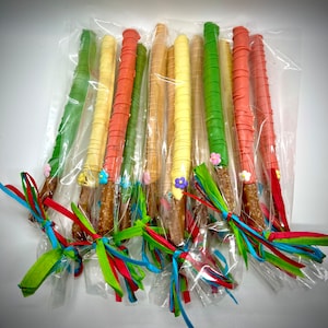 1 dozen* Multi colored tropical / Hawaiian / luau themed chocolate covered pretzel rods