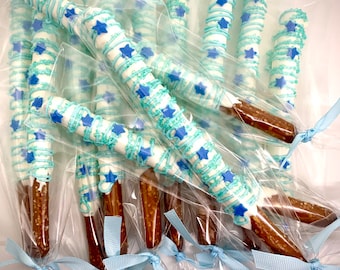 Customizable Girl/boy baby shower chocolate  covered pretzel rods (1 dozen) Great gift idea