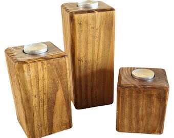 Hand Cut Wood Tea Light Holder Set: Varnished Farmhouse Candle Centerpiece