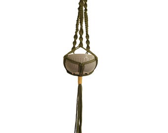 Olive Green Macrame Plant Hanger with Tassel – Boho Indoor Plant Decor