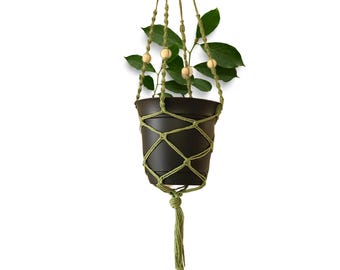 Beaded Macrame Plant Hanger: Sage Green Boho Decor