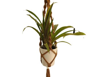 Macrame Plant Hanger with Tassel – Warm Caramel Brown Boho Indoor Decor