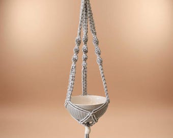 Grey and White Macrame Plant Hanger with tassel – Boho Indoor Plant Decor