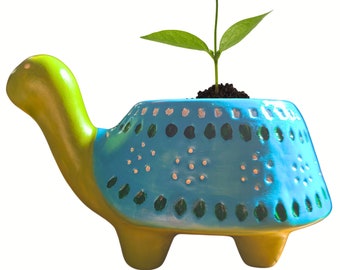 Hand Painted Turtle Planter: Ceramic Succulent Pot with Drain