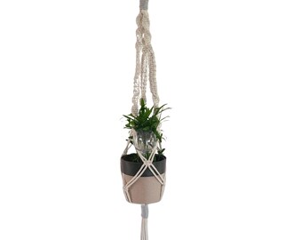 Ivory and gray Macrame Plant Hanger with Tassel – Boho Indoor Plant Decor