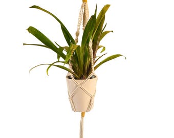 White Khaki Macrame Plant Hanger – Boho Indoor Plant Decor
