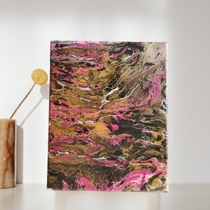 Abstract 8x10 Canvas Painting Unique Swipe Pour Technique. Original Pour painting with gold, white, pink, and black, acrylic painting