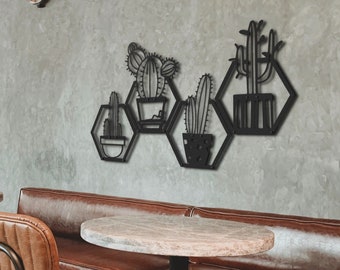 Geometric Cactus Flowers Metal Wall Art, Living Room Decor, Metal Artwork, Kitchen Wall Decor, Plant Wall Art