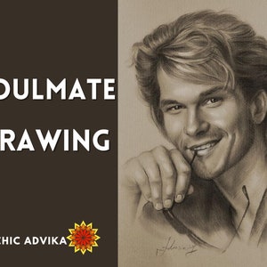 Könnte beinhalten: Eine Bleistiftzeichnung eines lächelnden Mannes, der eine Brille hält, mit dem Text "SOULMATE DRAWING" und "BY PSYCHIC ADVÍKA" auf braunem Hintergrund. Das Porträt ist detailliert schattiert.
