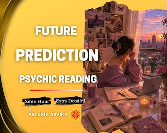 Könnte beinhalten: Eine digitale Grafik mit gelben Rändern und dem Text FUTURE PREDICTION PSYCHIC READING, Same Hour, Extra Detailed und BY PSYCHIC ADVIKA. Das Bild zeigt eine Person in einem lila Pullover an einem Schreibtisch mit offenen Büchern, einem Laptop und einer Kerze.