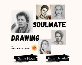 May include: A collection of five black and white graphite portrait drawings of various individuals. The text reads SOULMATE DRAWING BY PSYCHIC ADVIKA, Same Hour, and Extra Detailed. Several drawing pencils are visible next to one portrait.
