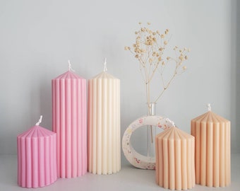 Large ribbed pillar candle, aesthetic room decor, modern candle, unscented soy candle, unique gift candle