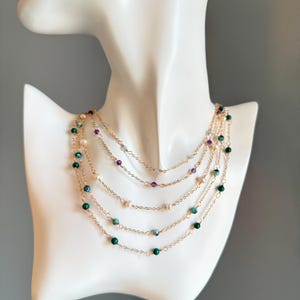 Gemstone Necklace, dainty beaded necklace, Tiny Turquoise December birthstone gift, aquamarine necklace, Pearl jewelry, Minimalist Necklace