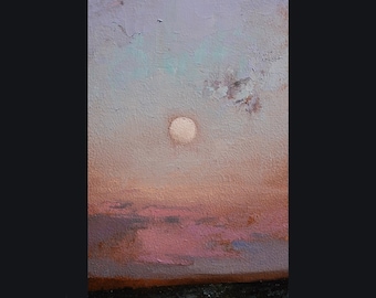 Original Moon Sky Oil Painting: Vertical Small Landscape Art, Modern Artwork