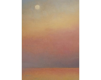 Pastel Sunset Sky Oil Painting Original, Moon Ocean Landscape Vertical Wall Art, 2024