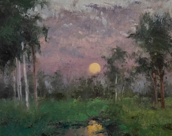 Original impressionistische Mondlandschaft, Ölgemälde, Landschaft, Kunst, 20x20x1,5 cm