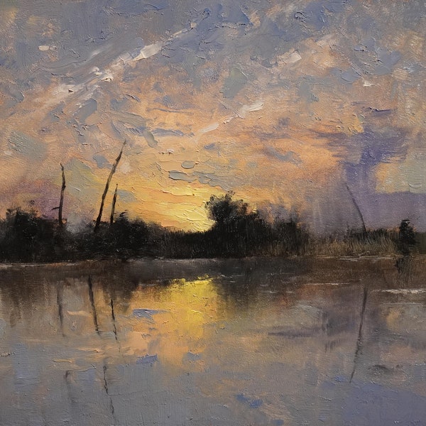 Sunset over Lake - Original Landscape Oil Painting - Nature Wall Decor